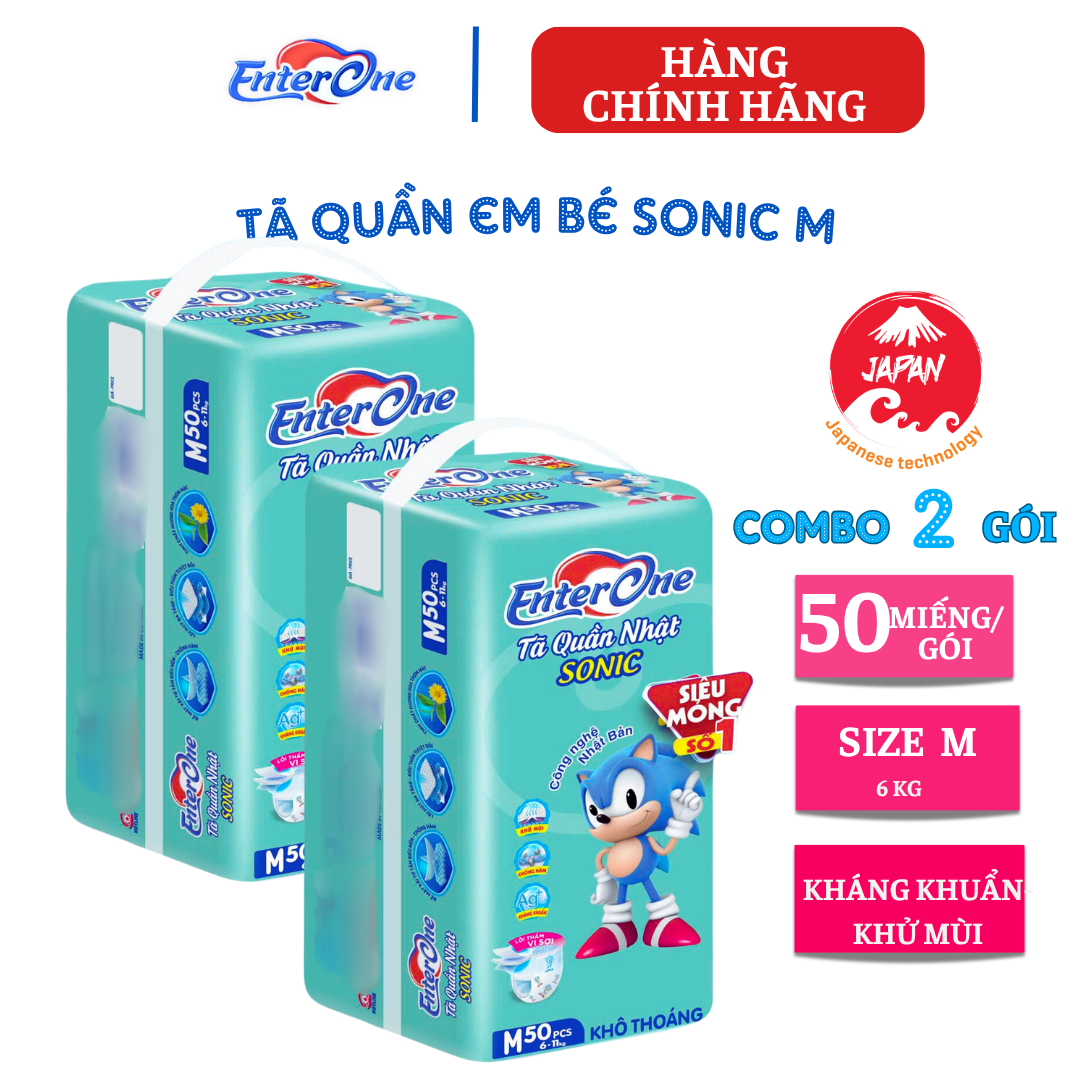 {Hàng chính hãng} Tã quần ENTERONE SONIC size M, L. XL, XXL kháng khuẩn, chống hăm, chống tràn. Bỉm quần trẻ em không hầm bí, khử mùi {combo 2 gói}