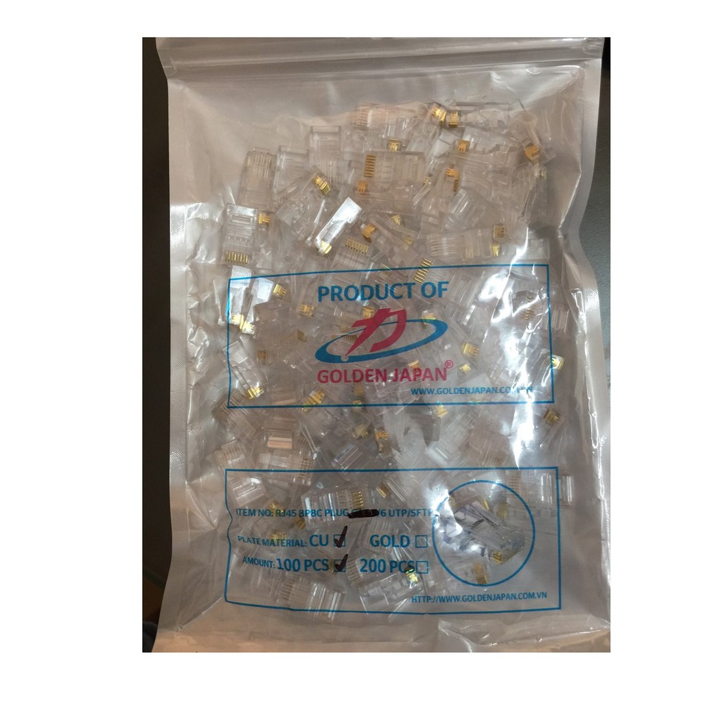 Túi hạt mạng utp cat 6 100 đầu rj45 golden japan
