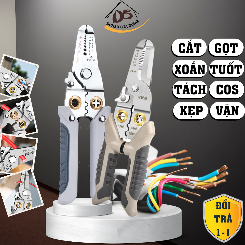 Kìm tuốt dây điện đa năng kiềm cắt bấm dây tách vỏ xoắn dây DUNSU bằng thép không gỉ 9 trong 1