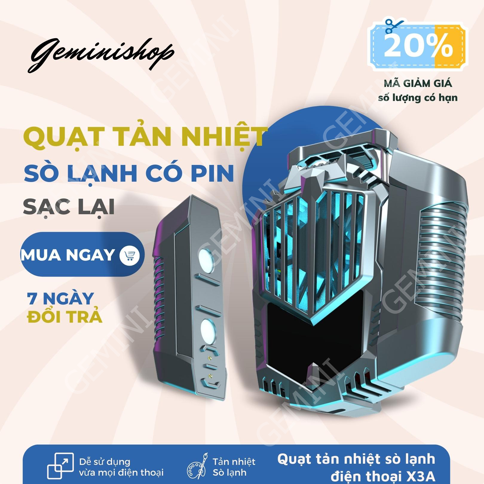 Quạt tản nhiệt gaming 2 PIN SẠC sò lạnh cho điện thoại X3A siêu mát GEMINI SHOP