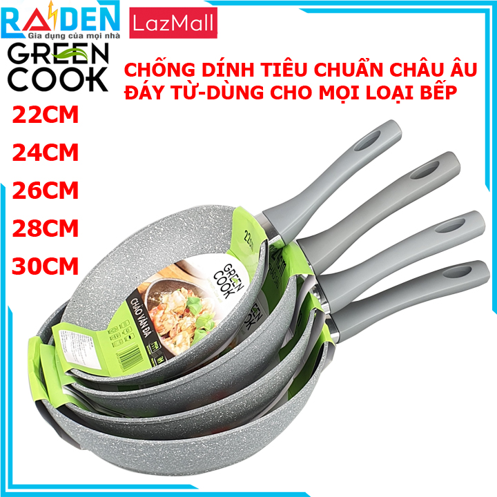 Chảo bếp từ sâu vân đá chống dính green cook gcp01/ gcp02 đáy từ size 22 cm/24 cm/26 cm/28 cm/30 cm dùng cho mọi loại bếp