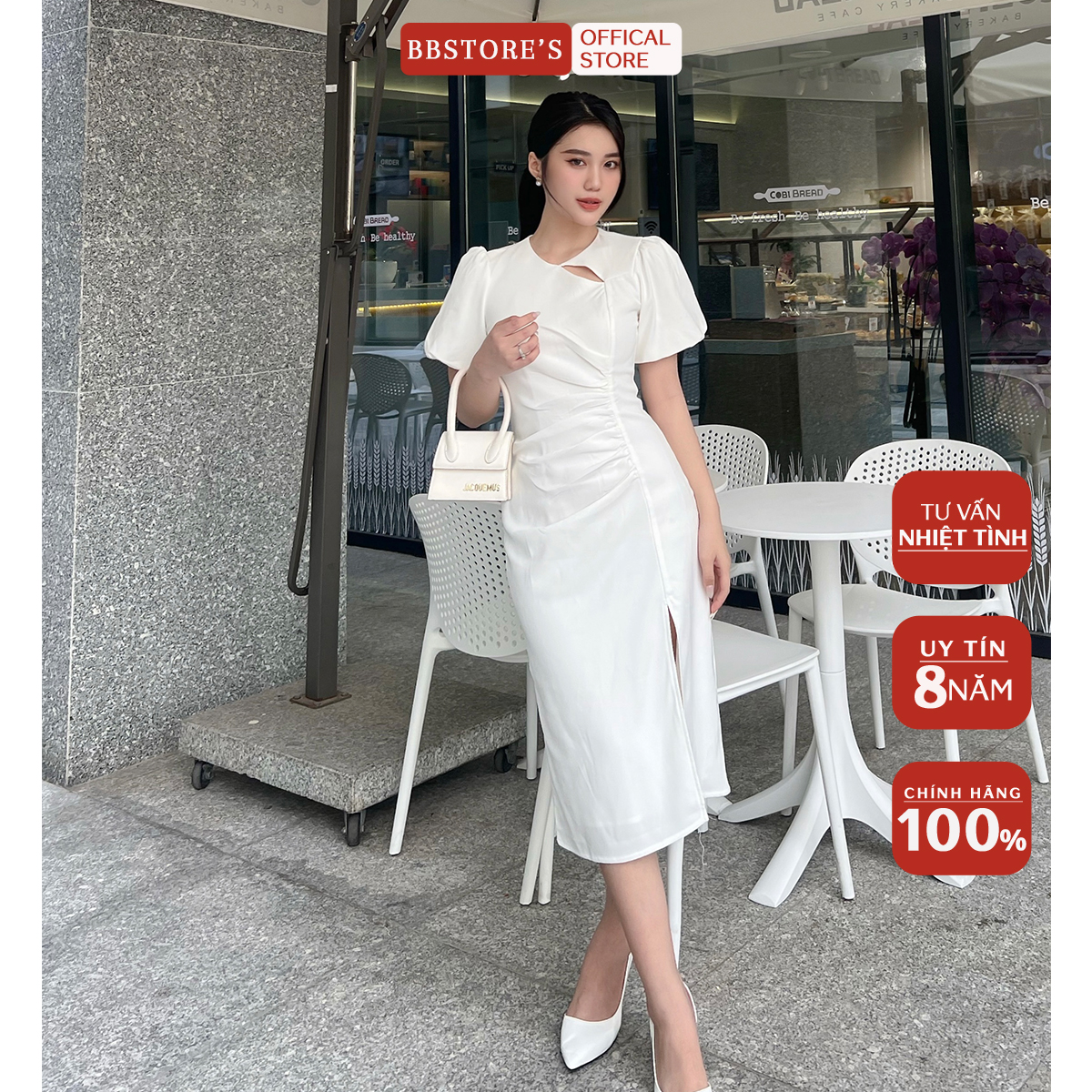 Bbstore's đầm tay phồng công sở nhún eo cutout sang trọng -csd1685
