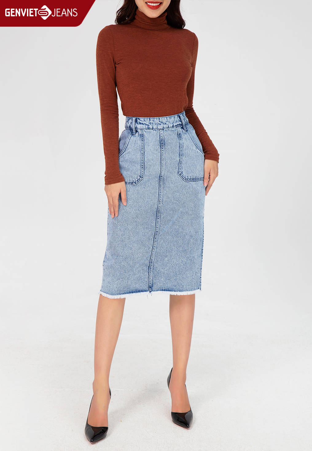 Chân váy jeans nữ xẻ tà tj323j1704 genviet