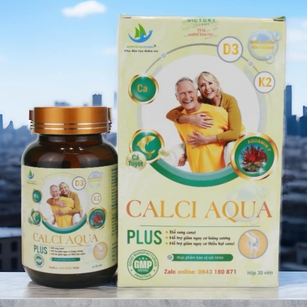 Canxi Calci  Aqua Plus Medivistar Pharma, Giúp bổ sung Canxi, Hỗ trợ giảm nguy cơ loãng xương ở người lớn, Hộp 30 viên