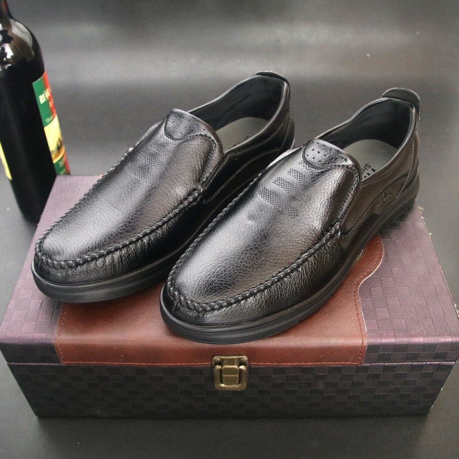 [HCM]Giày lười da bò thật G728 màu đen đế cao su - giày lười nam siêu bền