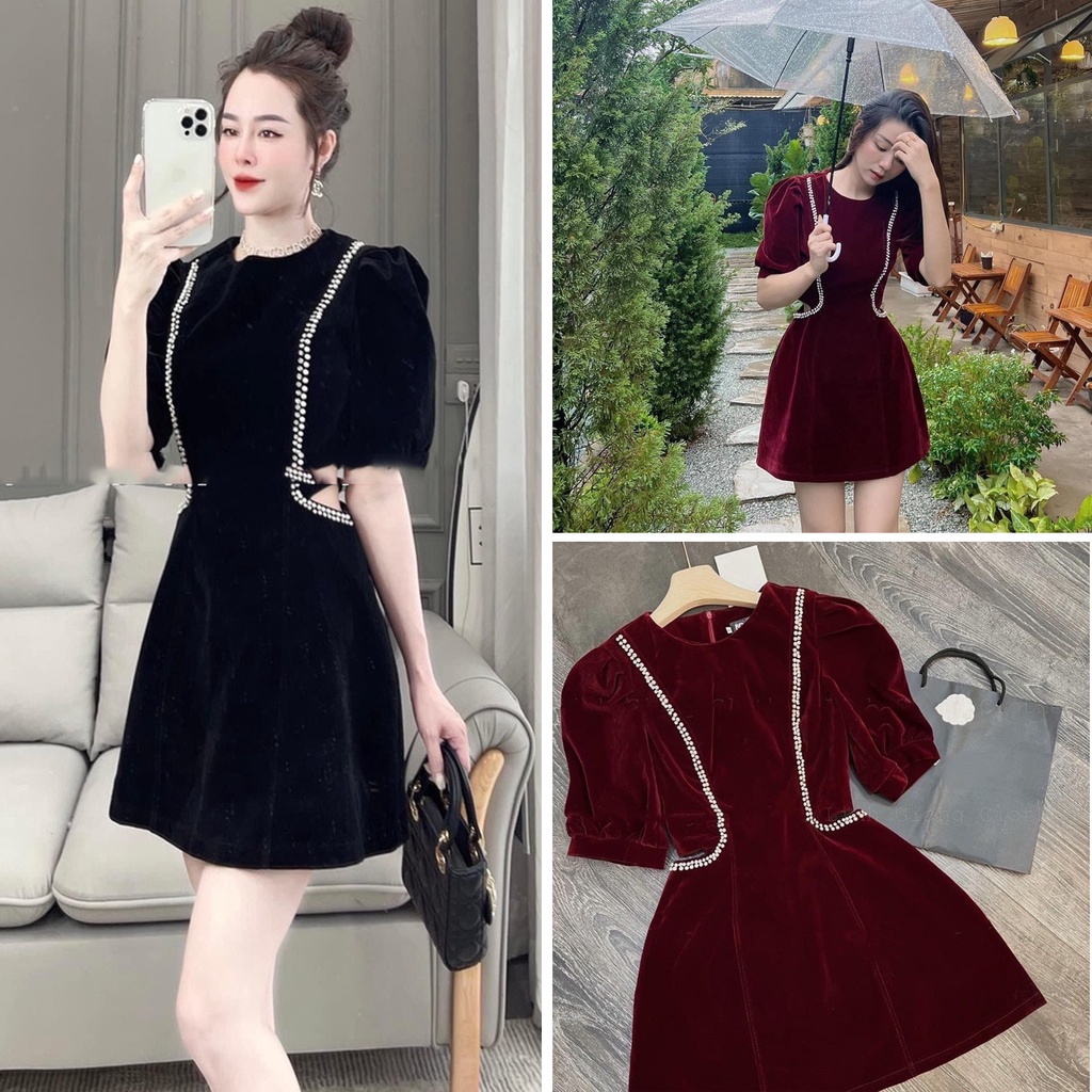 Váy nhung viền nhũ khoét eo cá tinh - váy diện tết - đi chơi - đi tiệc