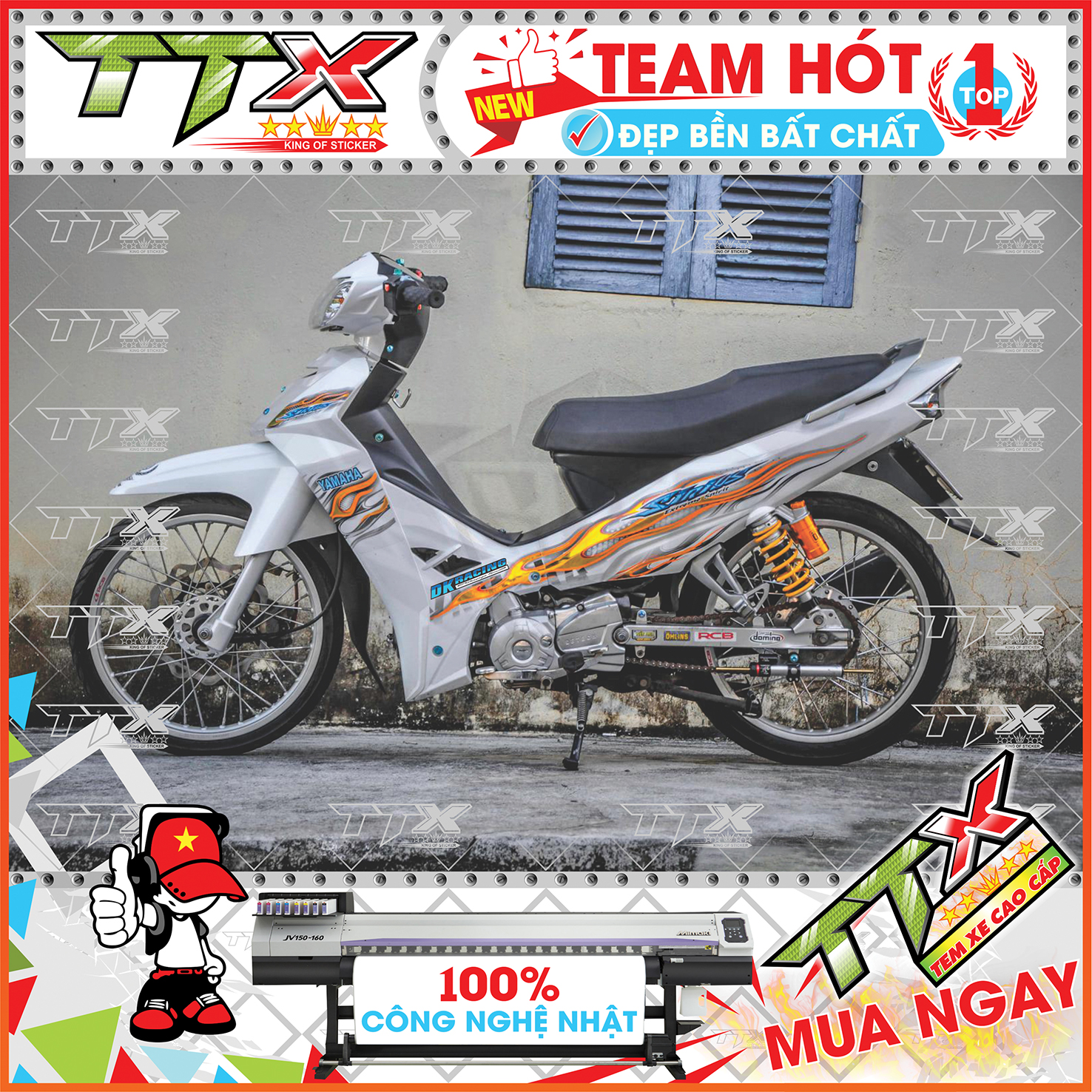 Tem rời sirius lửa , Team chế sirius dán xe màu trắng xám viền cam tuyệt đẹp , Shop TTX Tem xe sirius