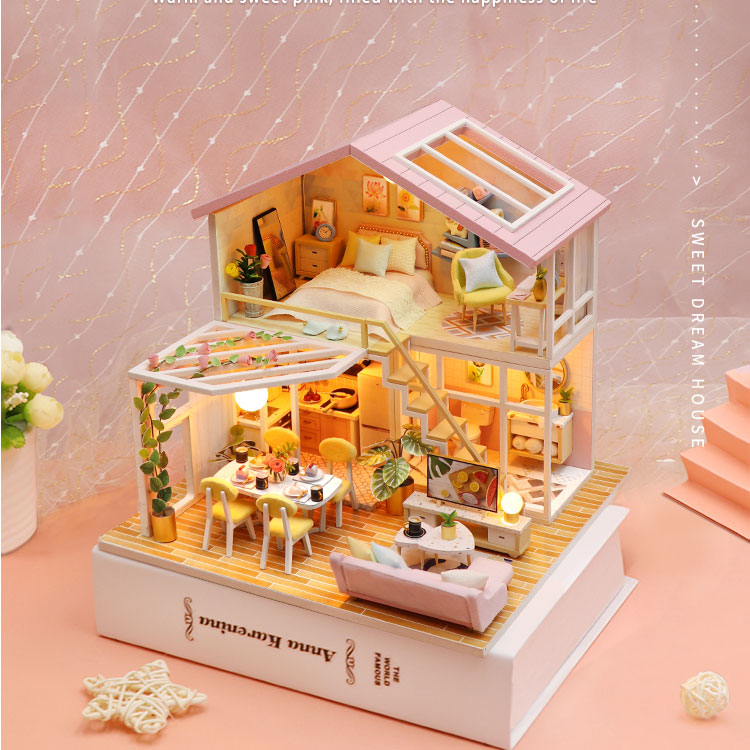 Mô hình nhà búp bê lắp ghép bằng gỗ Mẫu Sweet Time có đèn Led, tặng kèm cót nhạc, dụng cụ lắp ghép và keo silicon