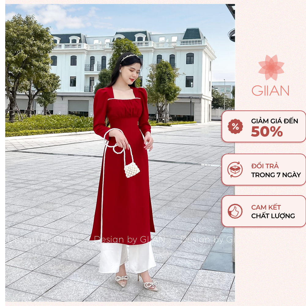 Áo dài cách tân cổ vuông tay bồng thiết kế chính hãng GIIAN, áo dài đính ngọc - AD0044