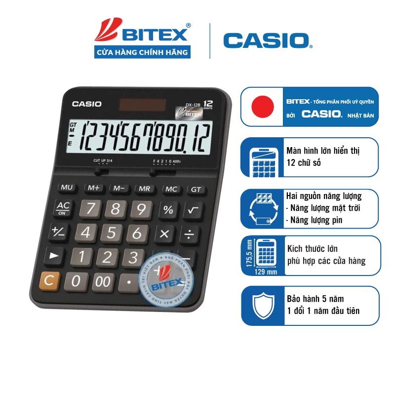 Máy Tính Casio DX-12B chính hãng, hiển thị 12 số, nhỏ gọn tiện lợi, tính nhanh, chính xác