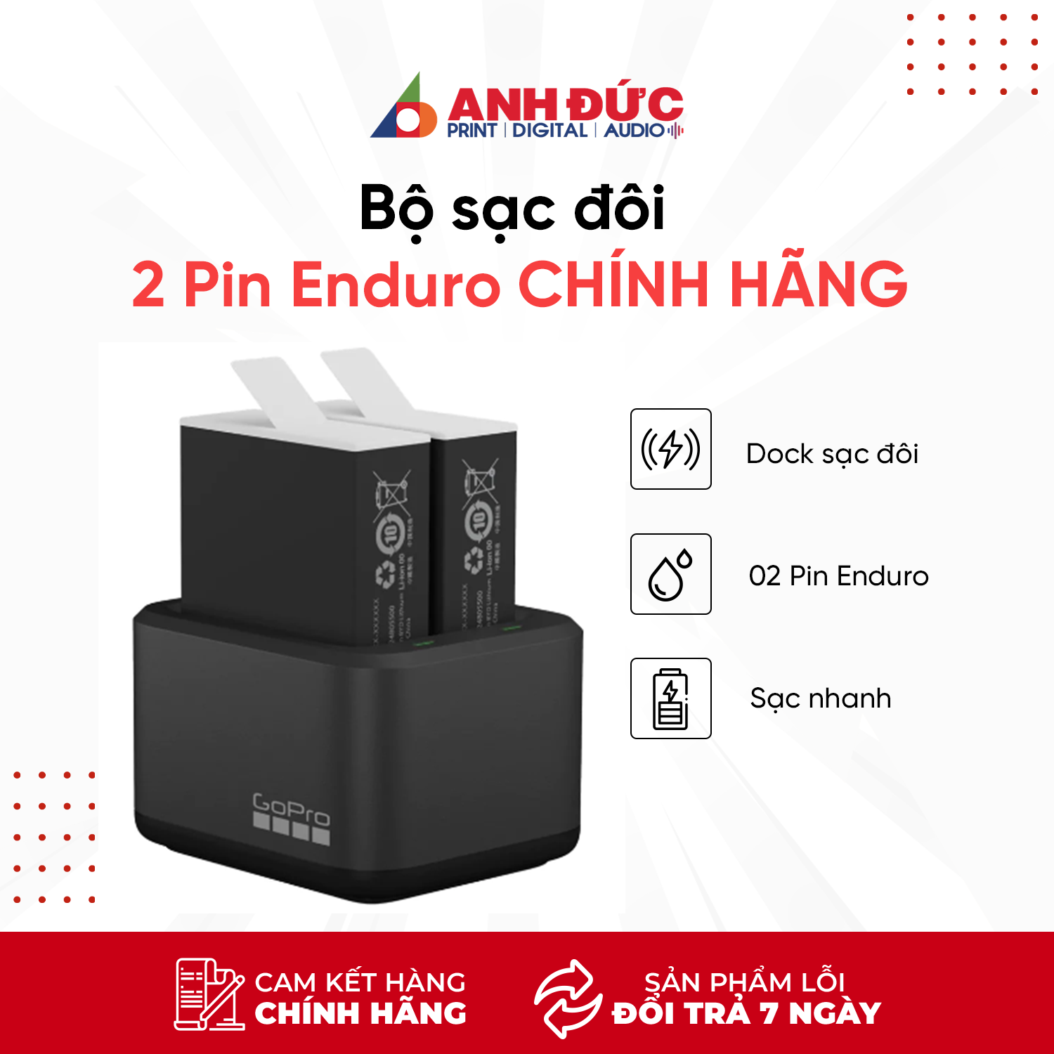 Bộ sạc đôi Gopro Dual Battery Charger + Kèm 02 Pin Enduro thế hệ mới - Hàng chính hãng