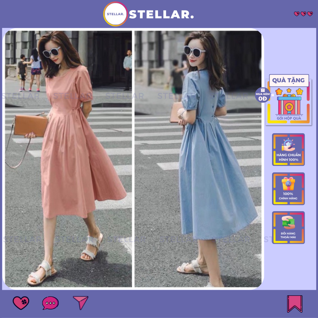Đầm váy nữ tùng xếp li nút sau 2 màu xanh hồng