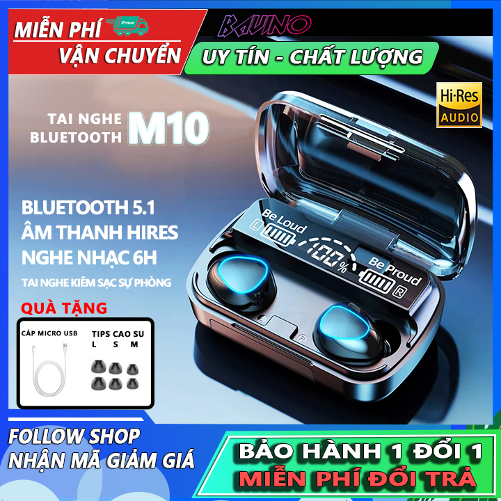 Tai nghe không dây M10 nâng cấp bluetooth  5.1, thiết kế công thái học, đeo cực thoải mái, chất âm hifi, điều khiển cảm ứng, chống nước IPx7, tai nghe tws kiêm sạc dự phòng có màn hình LED hiển thị