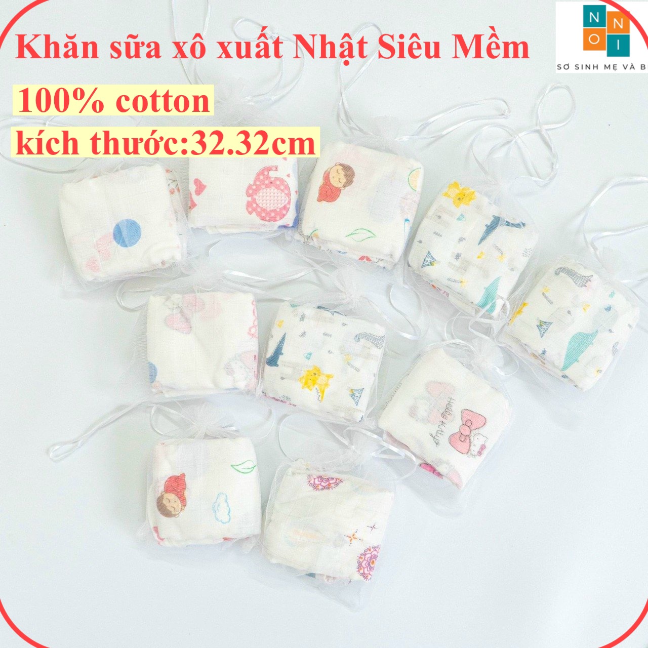 [HCM][Tặng Túi Lưới]Khăn sữa sợi tre xuất Nhật cho bé sơ sinh set 10 cái 32.32cm siêu mềm không ra lông