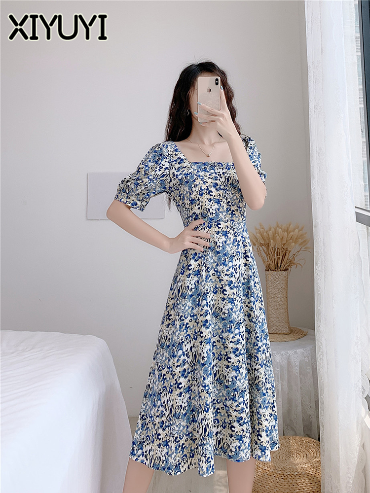 Xiyuyi đầm nữ đầm cổ vuông che bụng hoài cổ mới đầm dài eo tay ngắn