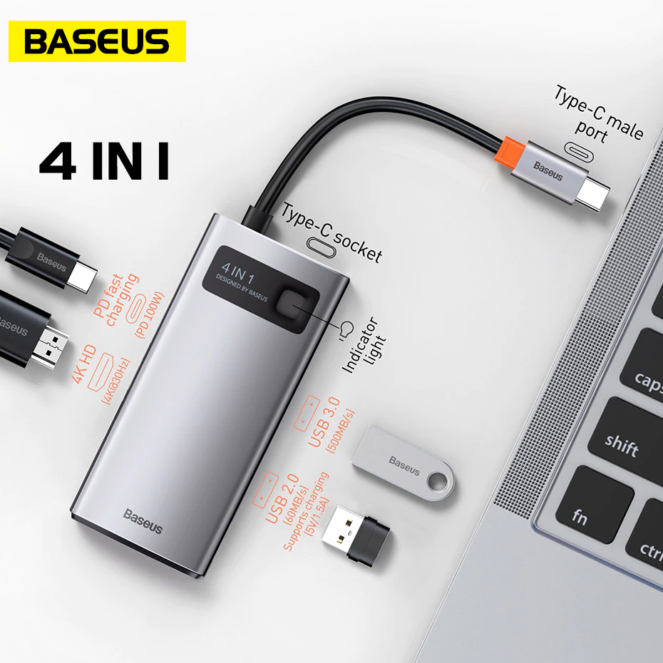 Cổng chuyển đổi Baseus Metal Gleam Hub Type C 4 in 1 HDMI 4K USB 3.0 USB 2.0 PowerDelivery cho điện thoại, laptop Macbook Window, máy tính bảng