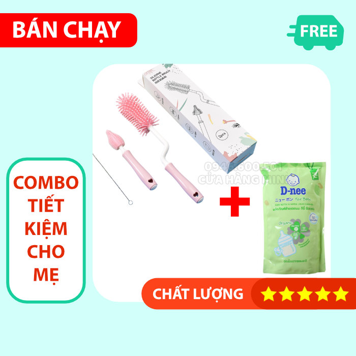 Combo bộ cọ rửa bình sữa 3 chi tiết và 1 túi nước rửa bình sữa dnee túi 550ml