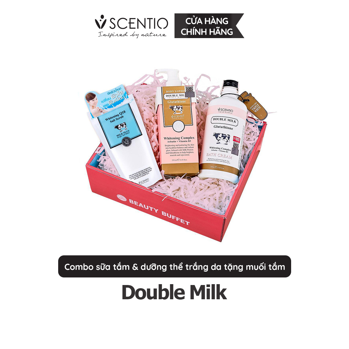 Combo Sữa tắm + Dưỡng thể trắng da Scentio Double Milk Triple White + Tặng Muối tẩy tế bào chết Milk Plus trị giá 99.000 đ