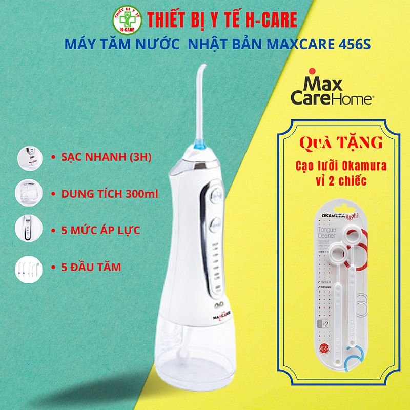 Máy tăm nước cầm tay Mini Maxcare Max456S / 456SE - 5 mức điều chỉnh áp lực tia nước, vệ sinh răng miệng sạch sẽ, niềng răng, phòng bệnh nha chu - Tiện lợi khi đi du lịch, pin sạc nhanh, kèm túi chống sốc [TBYT H-care]