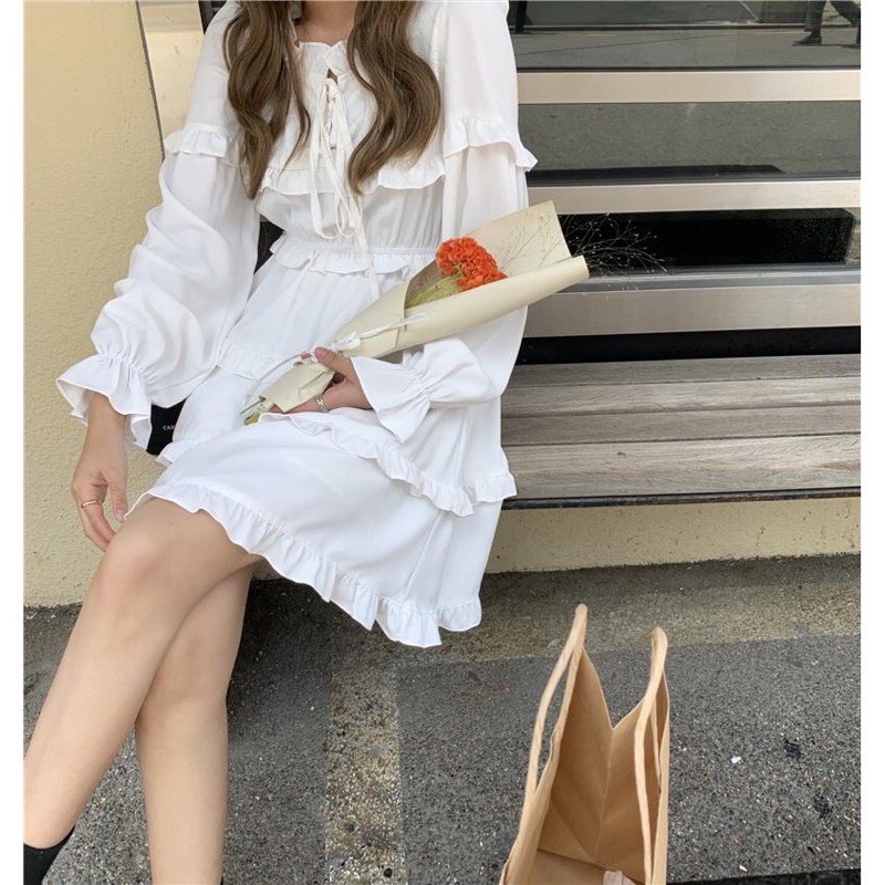 Váy Babydoll Vintage viền bèo tiểu thư siêu xinh 2 màu