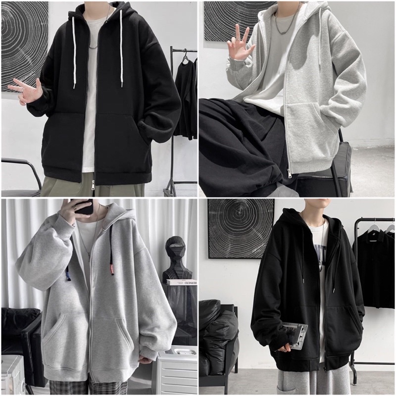 áo hoodie dây kéo màu đen màu xám - black hoodie zipper / gray hoodie zipper - áo khoác đen dáng hoodie unisex - hoodie zip xám