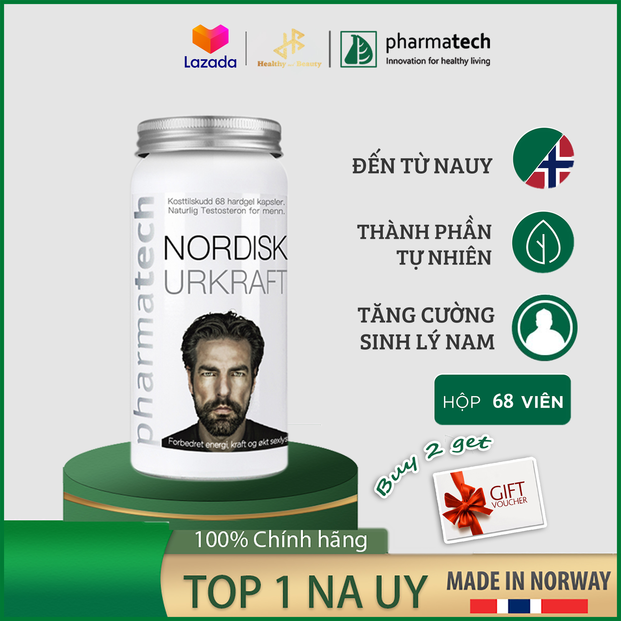 [Pharmatech] Viên uống bổ thận và tăng cường sinh lý nam giới Nordisk Urkraft lọ 68 viên