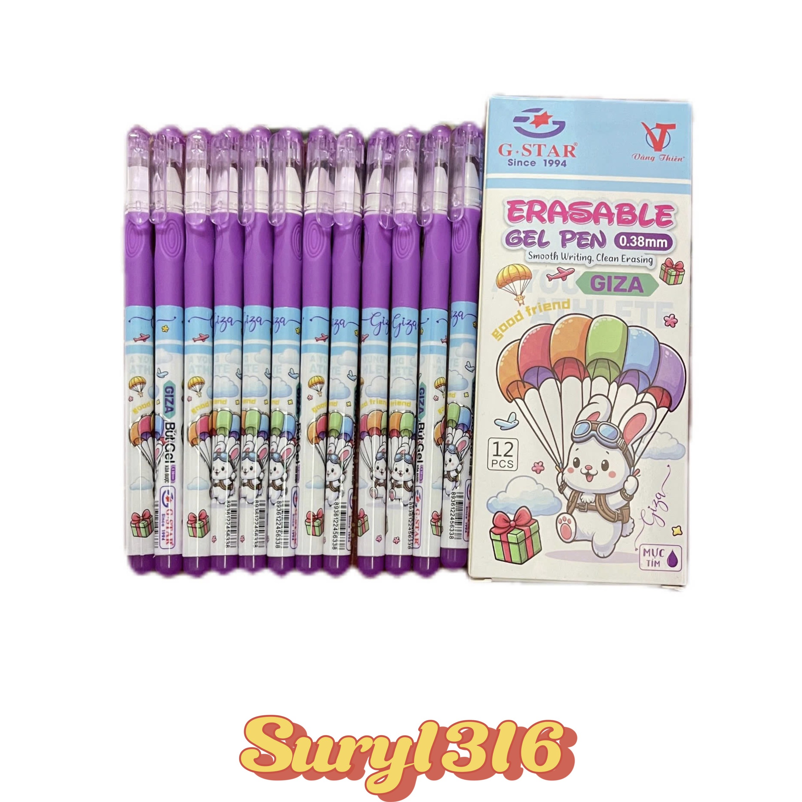 Hộp 12 cây bút gel tím xóa được Giza đầu bi 0.38mm hãng Gstar