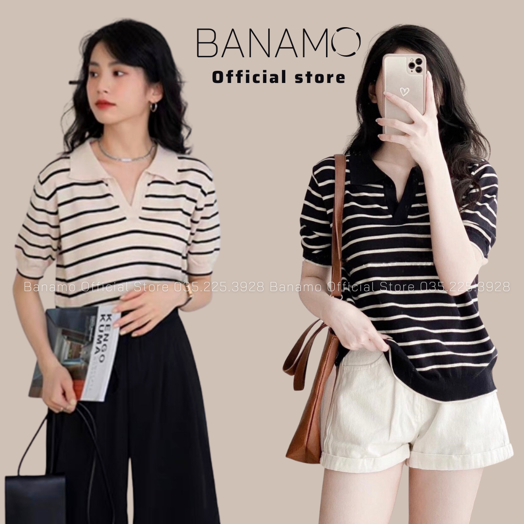 Áo len nữ Banamo Fashion len montoghi kẻ sọc cổ sơ mi 3433