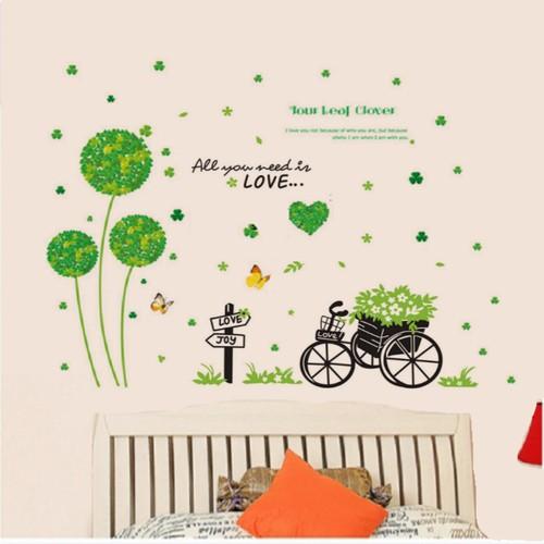 Combo 2 bức decal dán tường mẫu hoa bồ công anh xanh và xe đạp