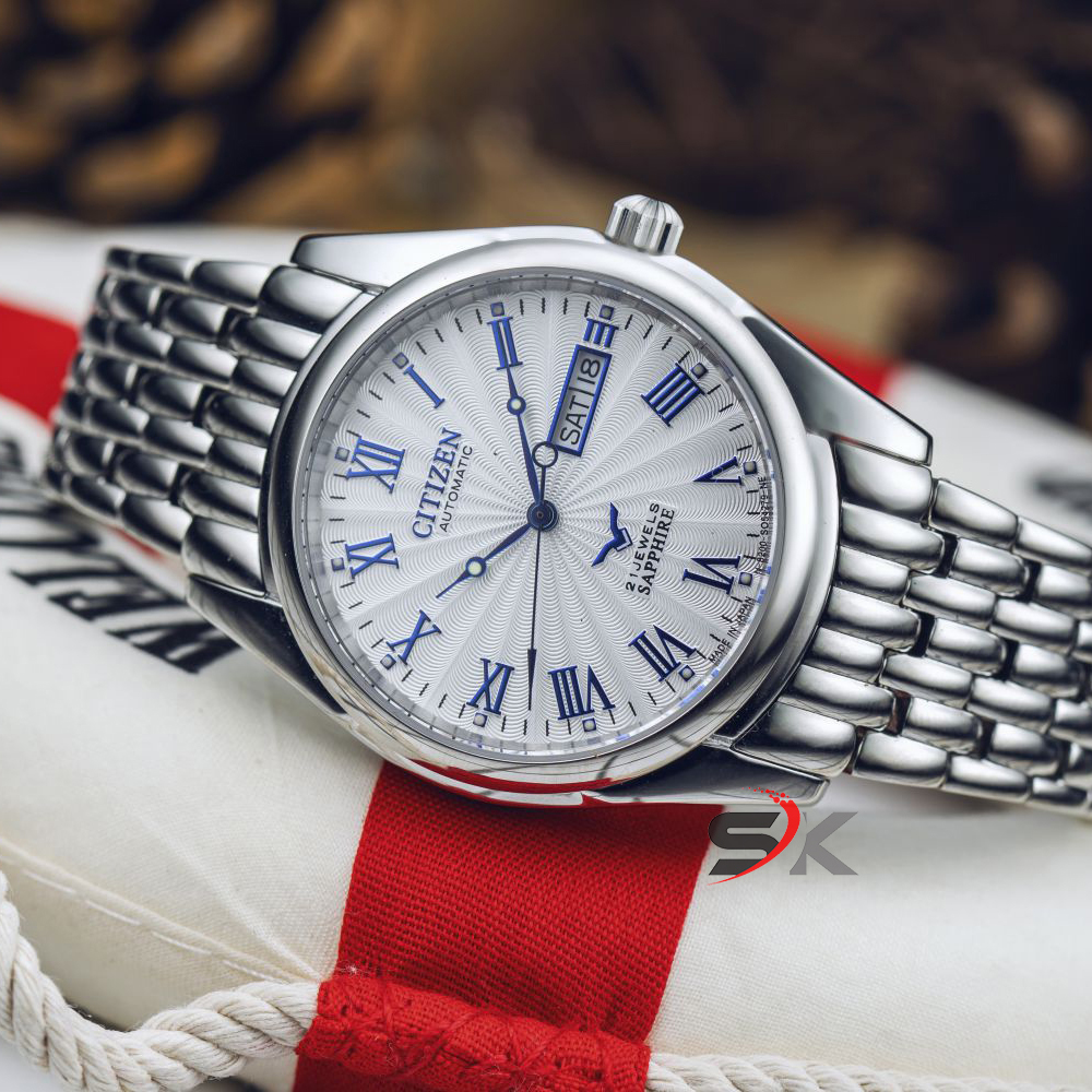 Đồng Hồ Cơ Nam Citizen Cao Cấp Dây Trắng Mặt Trắng Lộ Máy Máy Cơ Tự Động Japan Automatic CTCS01TR