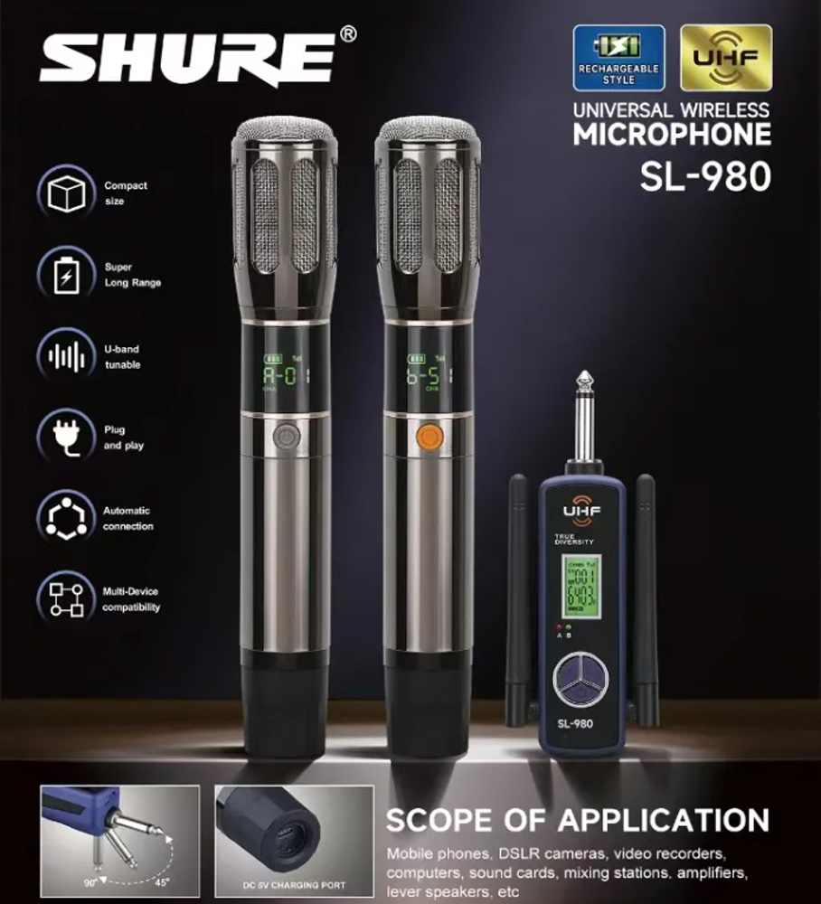 Micro Không Dây Shure SL-980 Đa Năng, Mic Hát Cực Nhẹ, Chống Hú Tốt, Bắt Sóng Xa Đến 100M, Màn Hình Led LCD Hiển Thị, Thiết Kế Tinh Tế Đẹp Mắt, - Micro Đa Năng Chuyên Dùng Cho Loa Kéo, Amply, Vang Cơ, Vang Số