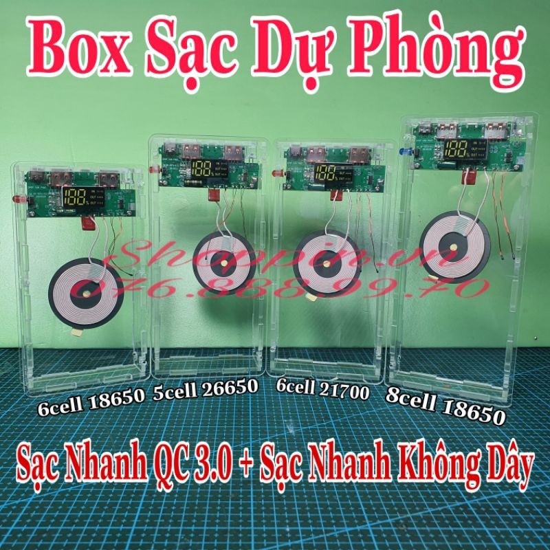 Box sạc dự phòng mica trong suốt mạch sạc nhanh qc 3.0 - sạc nhanh không dây