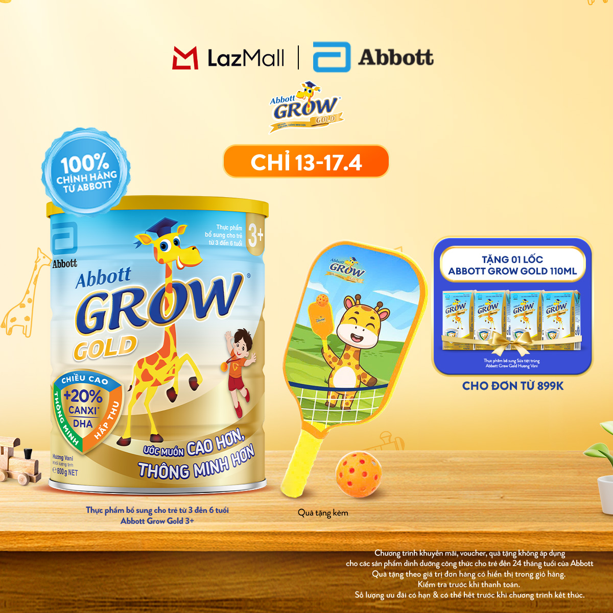 [CHỈ 13-17.04 QUÀ TẶNG CHO ĐH 899K-SLCH] Lon sữa bột Grow 3+ 800g tặng 1 Bộ đồ chơi vợt pickleball Grow