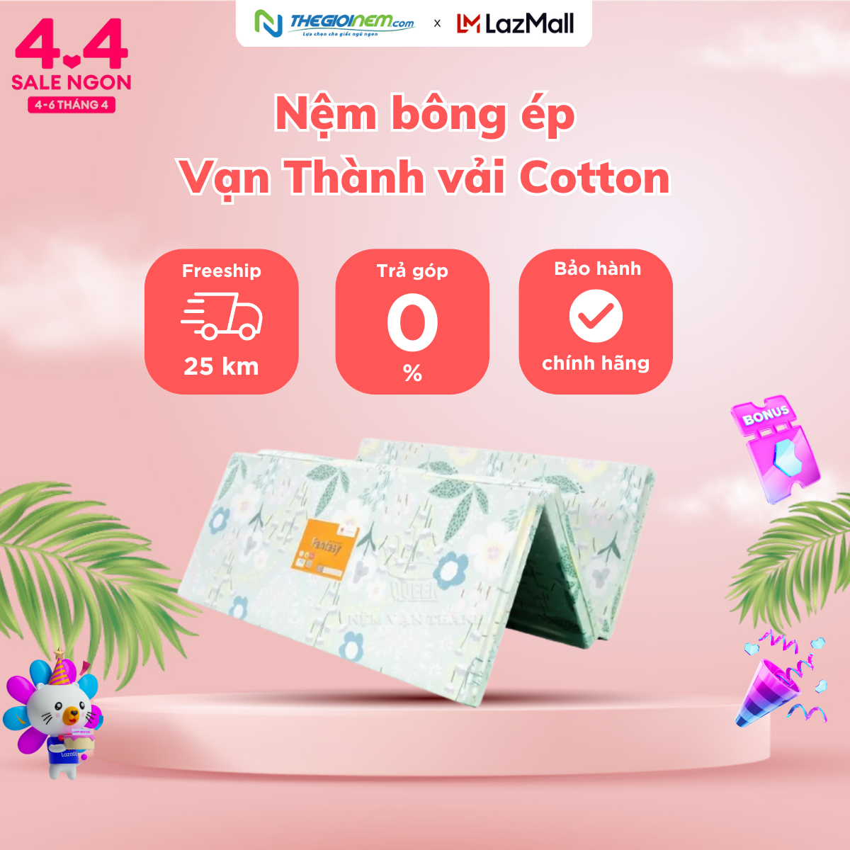 Nệm bông ép Vạn Thành Gấp Vải Cotton - Màu ngẫu nhiên-Bảo hành 7 năm.