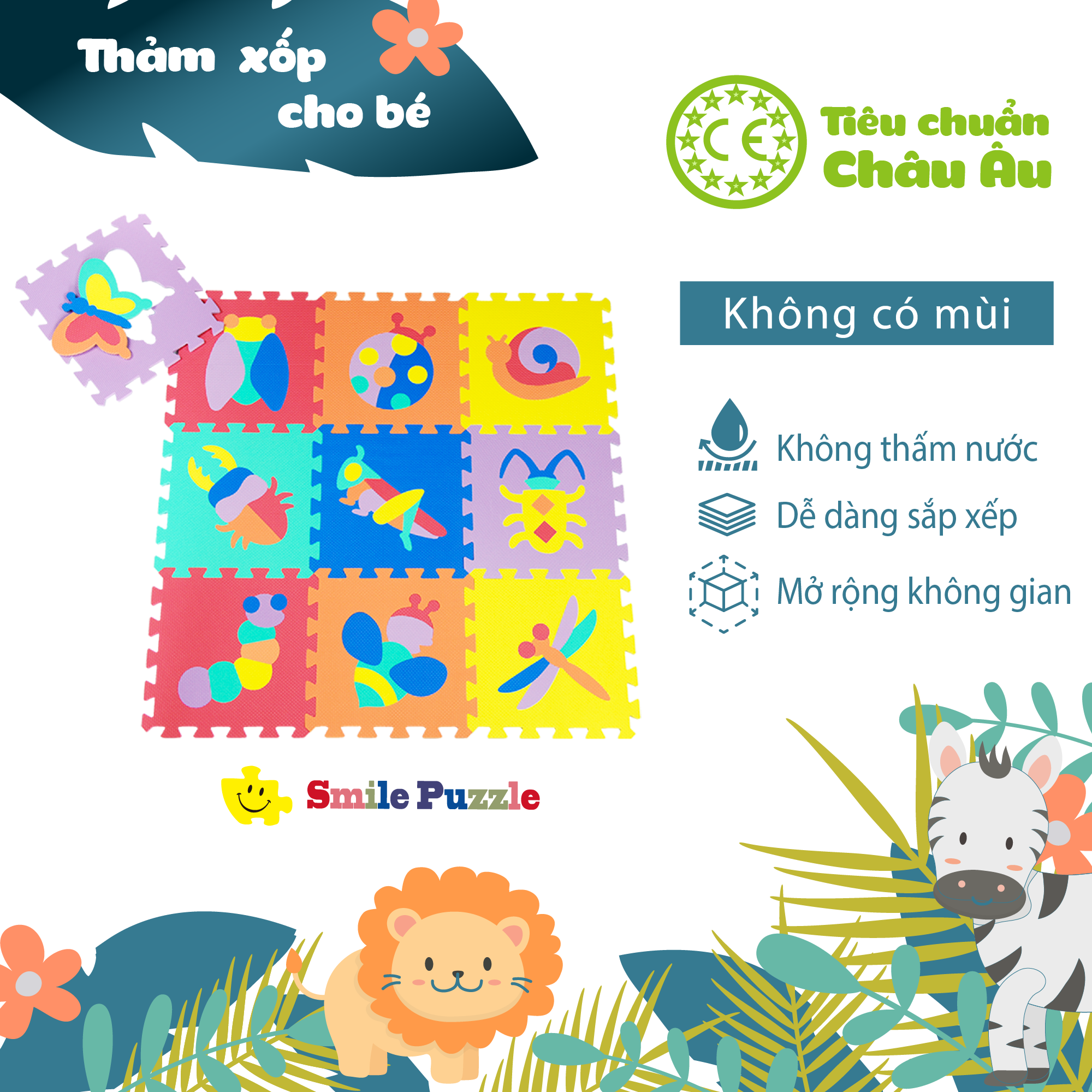 Thảm xốp cho bé - côn trùng (10 miếng,  tổng kích thước 0.6mx1.5m)  Smile Puzzle KHÔNG MÙI CHUẨN CHÂU ÂU