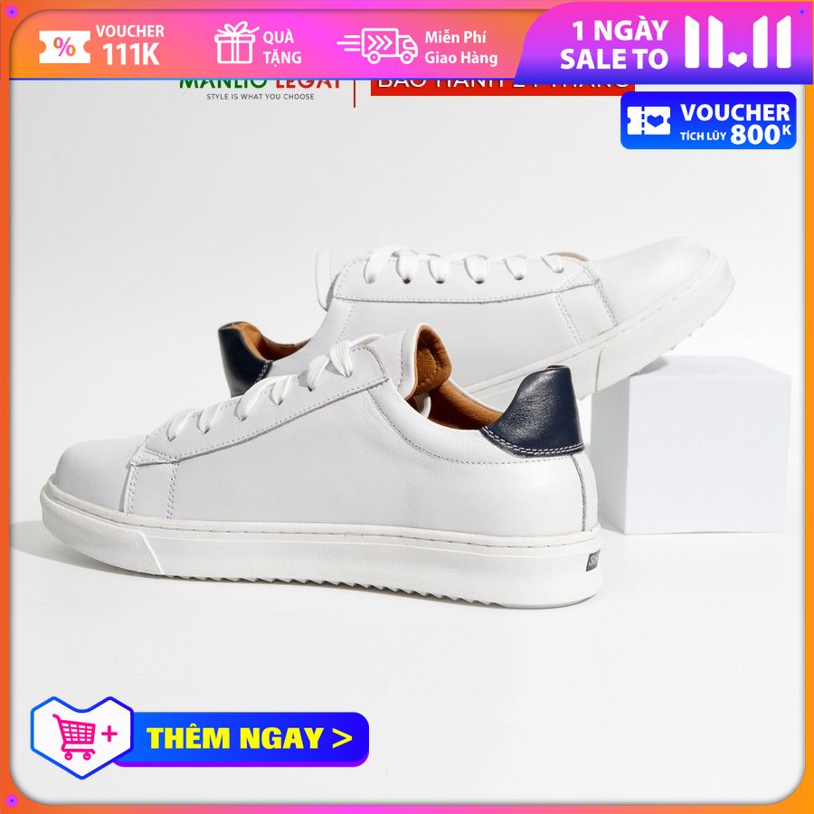 Giày Sneaker nam da thật Manlio Legat màu trắng gót phối đen G8251-W-03