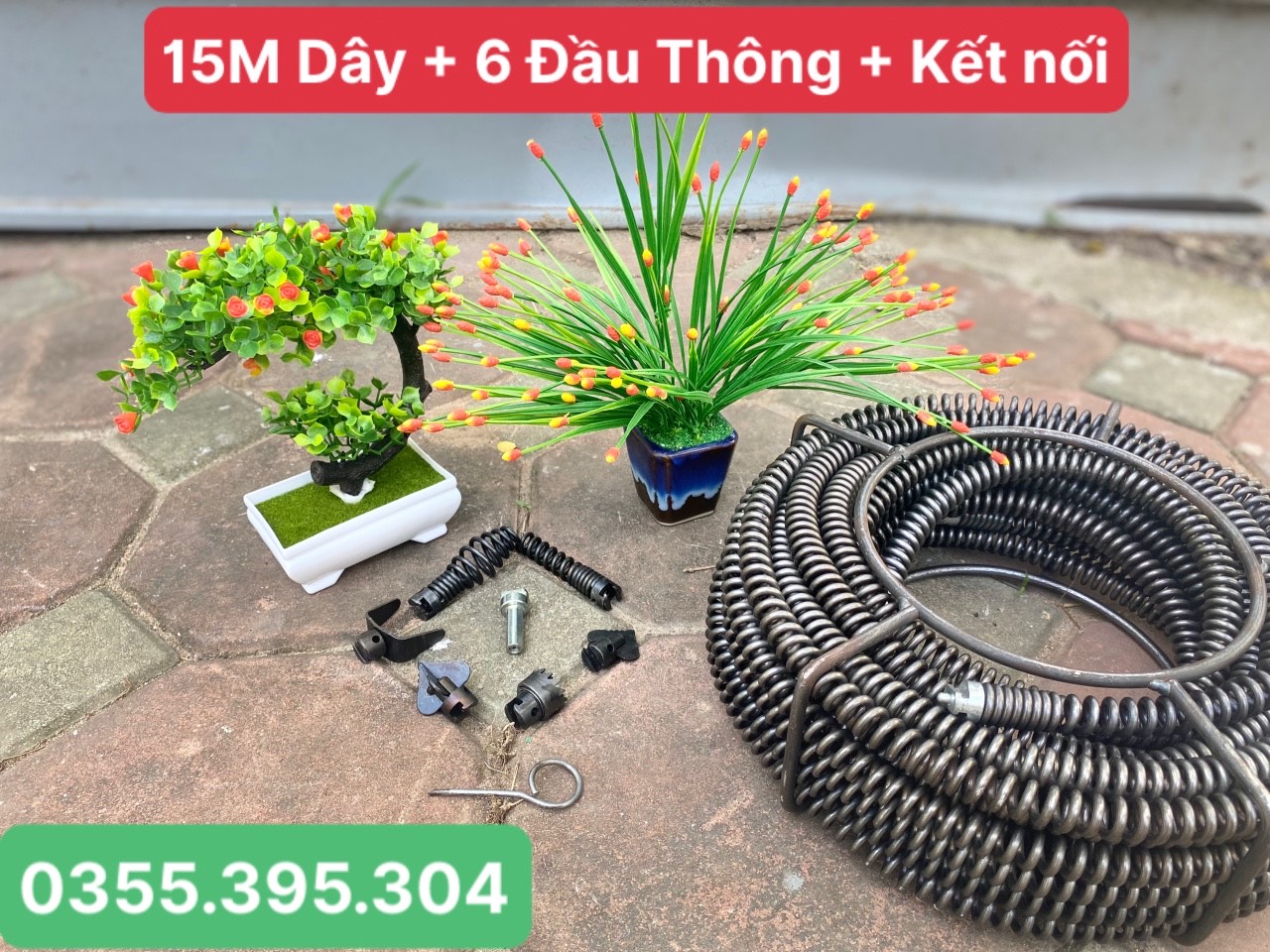 Dây thông tắc cống lò xo dùng máy khoan dài 15m + 6 đầu thông + kết nối máy khoan