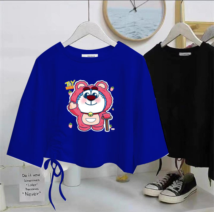 Áo thun crt rút dây cho bé gái hình gấu hồng chất cotton phom rộng đủ size