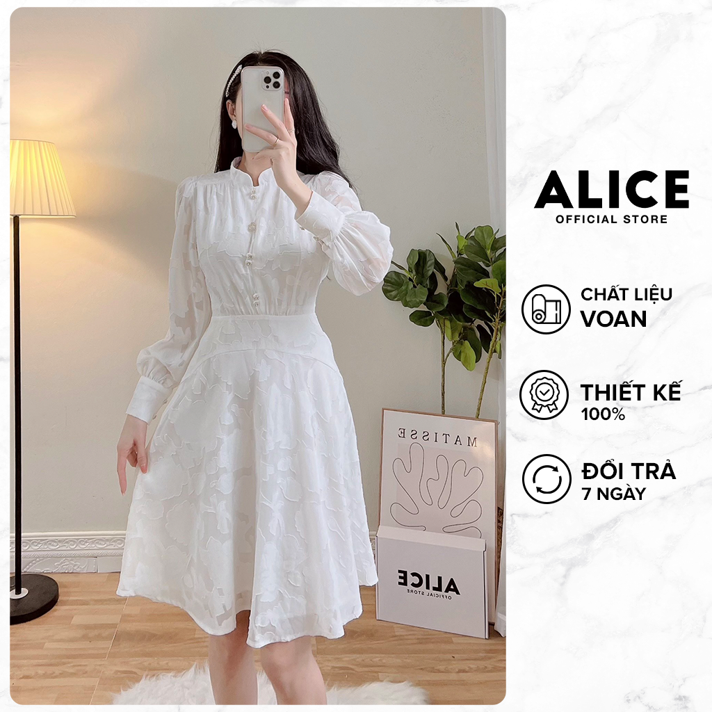 Váy Xòe Trắng Tiểu Thư ALICE Chất Voan Lót Lụa Mềm Mịn, Thiết Kế Váy Cổ Tàu Chiết Eo Tôn Dáng V776