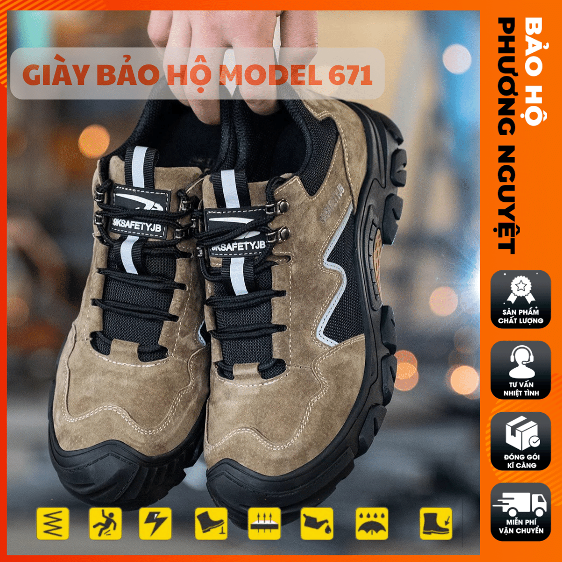 Giày bảo hộ thời trang nam nữ JB673 chất liệu da lộn màu nâu, mũi thép chống va đập và đế lót chống đâm xuyên