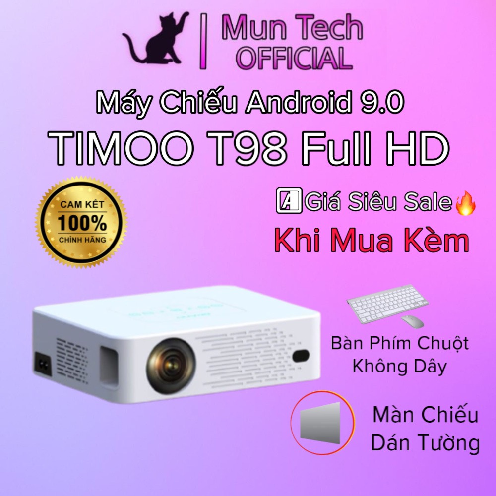 Máy chiếu phim timoo-t98 full hd android 9.0 độ sáng lên tới 6000 lumens mang cả rạp phim về nhà tặng giá đỡ màn và dậy hdmi