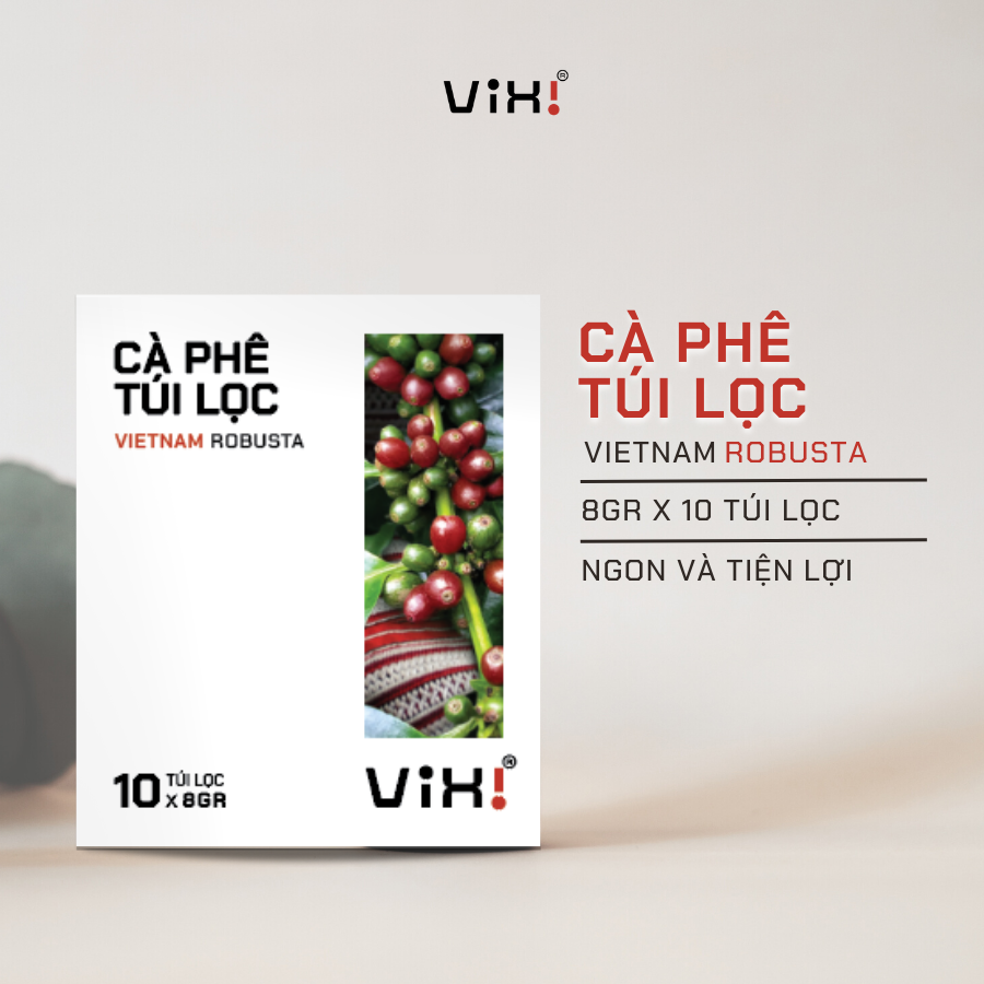 Vixi - Cà phê Robusta nguyên chất rang mộc - Túi lọc 8gr x 10 - 80gr/hộp