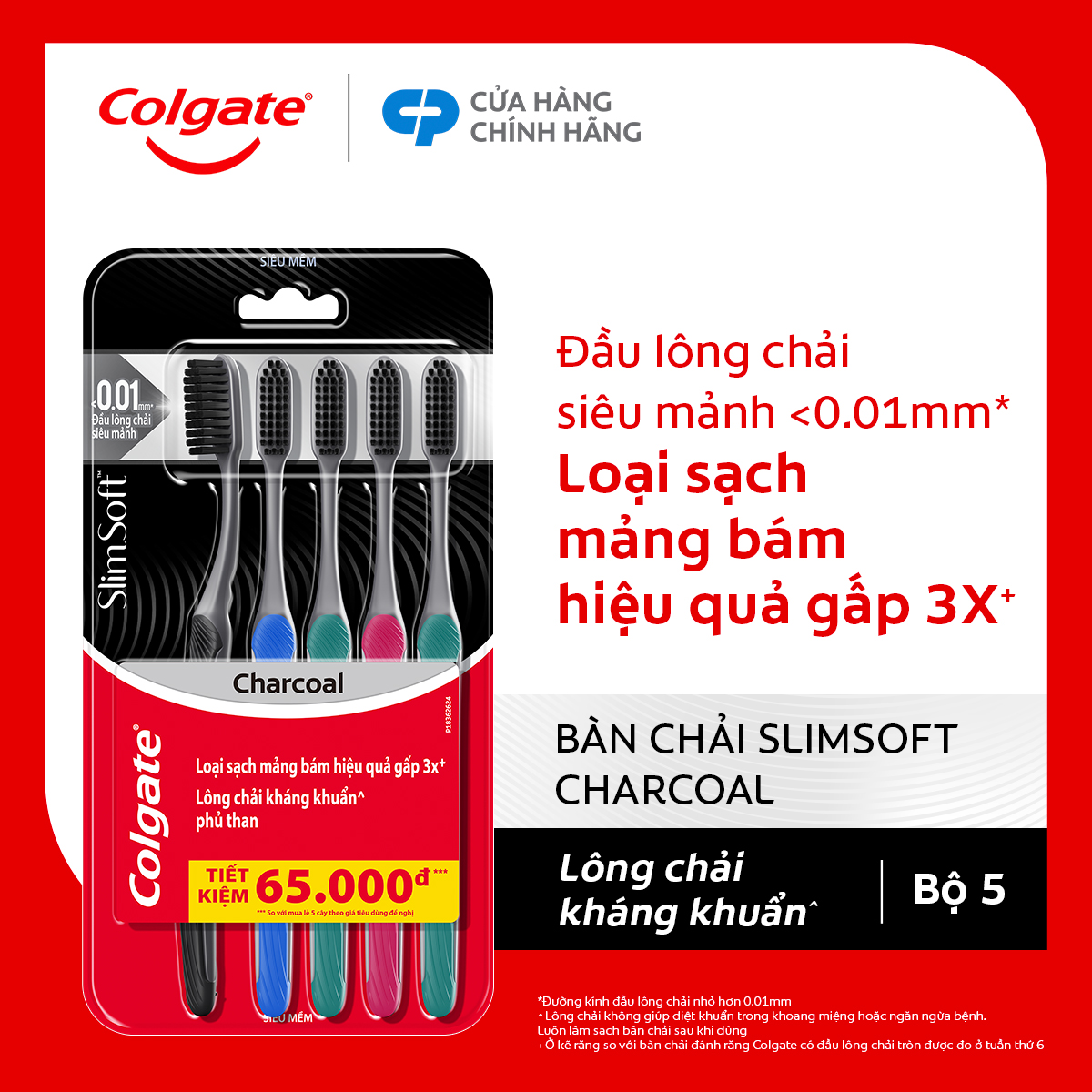 Bộ 5 Bàn chải Colgate SlimSoft Charcoal than hoạt tính kháng khuẩn siêu mềm mảnh