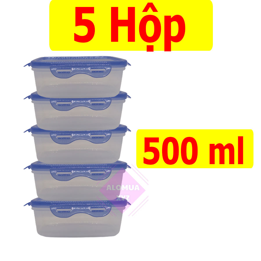 Combo 5 hộp nhựa đựng thực phẩm chữ nhật cao cấp 500ml (hộp nhỏ) nhựa trong suốt, có nắp đậy khóa 4 cạnh xung quanh- HTP07 Alomua