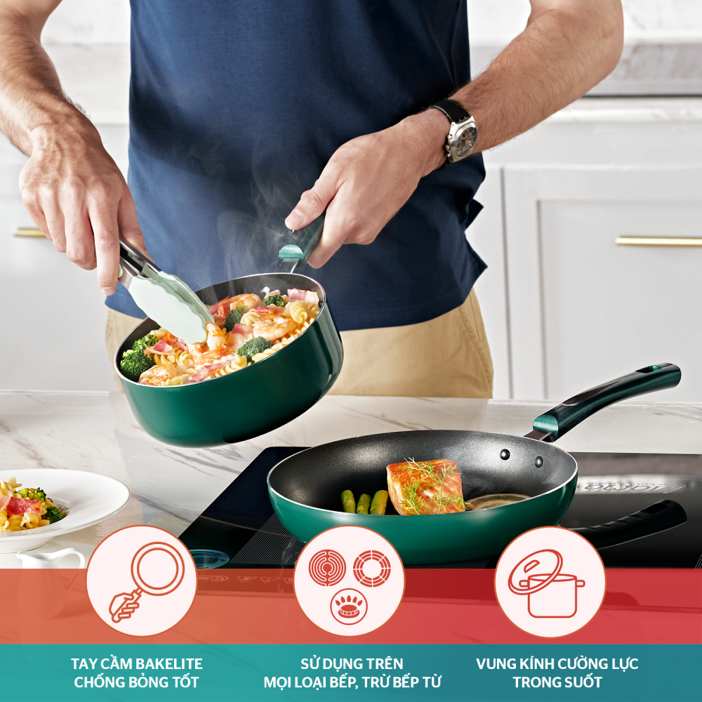 Bộ nồi chảo chống dính 5 món SUNHOUSE AM1101G - Không dùng với bếp từ - Chất liệu hợp kim nhôm siêu bền - Tay cầm chống bỏng - Hàng Chính hãng