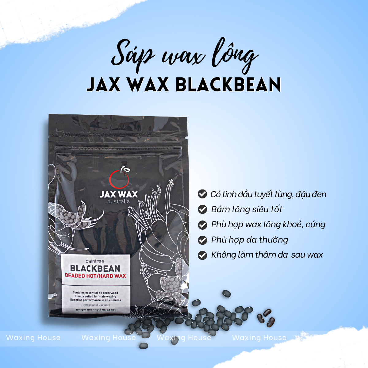 Sáp wax lông nóng Jax Wax Blackbean dạng hạt 500g bám lông siêu tốt