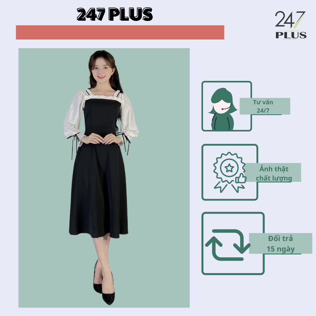 Váy đen cổ vuông tay trắng nơ 247PLUS màu đen dáng chữ A chất umi