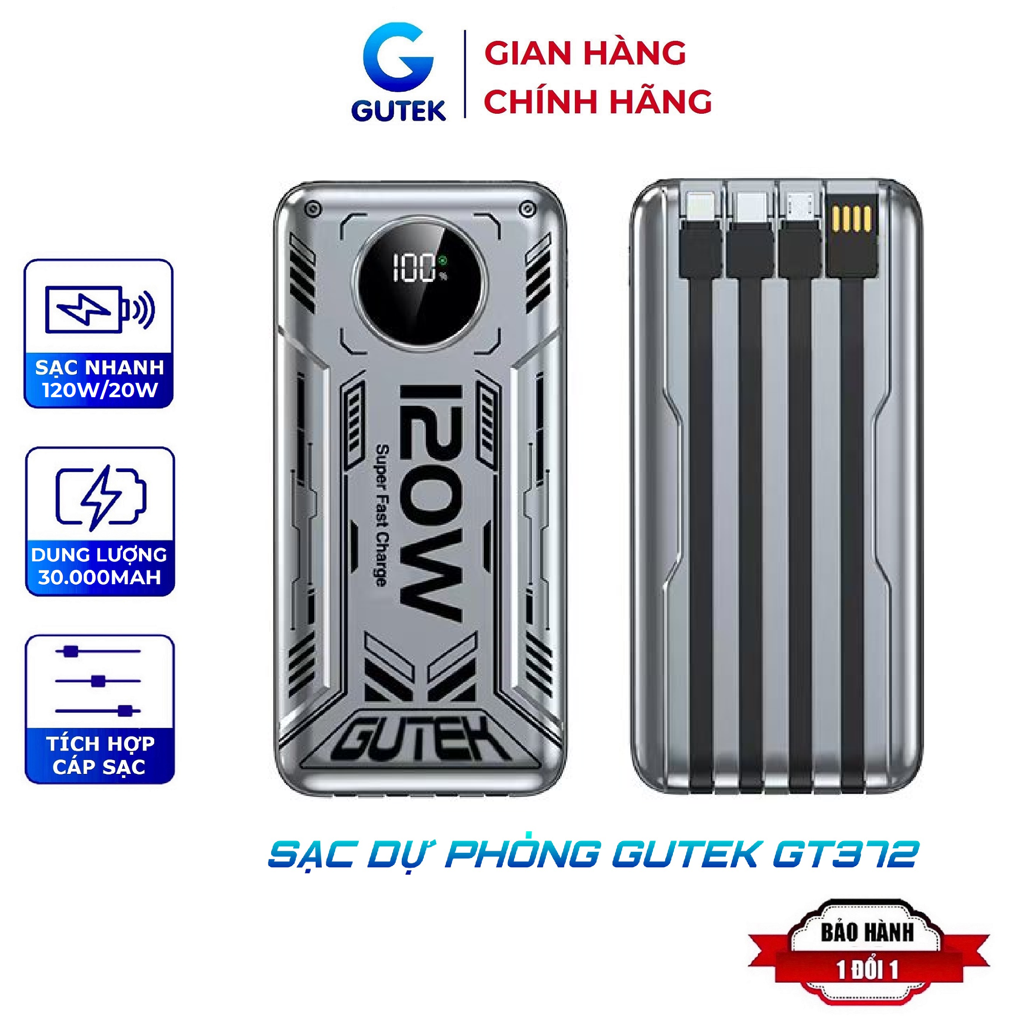 Sạc dự phòng 30000mah sạc nhanh 120w dung lượng pin lớn có dây sạc nhiều điện thoại - Gutek GT372