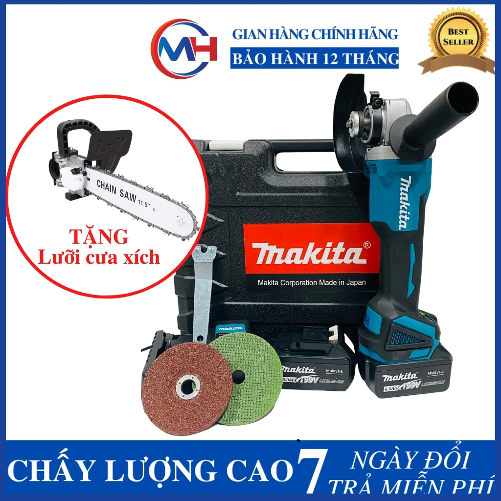 Máy Mài Pin Makita 199V - 2 pin khủng 10 Cell - Máy cắt Makita không chổi than cao cấp tặng kèm Lưỡi cưa gỗ và đá mài, đá cắt.