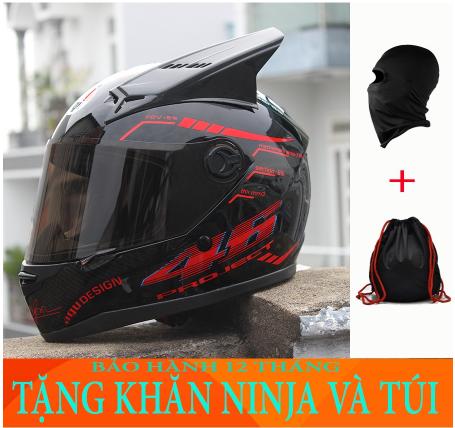 Mũ bảo hiểm AGU tem Đỏ Đen gắn sừng TẶNG khăn ninja + túi